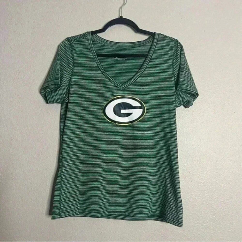 Green Bay Packers Shirt Womens NFL Team Apparel V Neck Green Stripes Sz Large